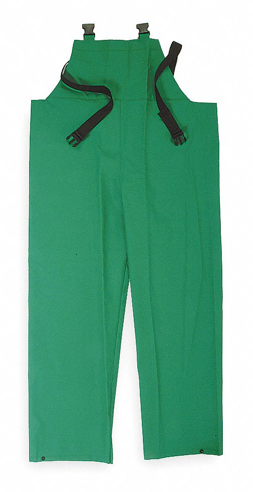 FIRE-RESISTANT RAIN BIB OVERALLS, PVC, S, GREEN, 29 X 44, ADJUSTABLE STRAP