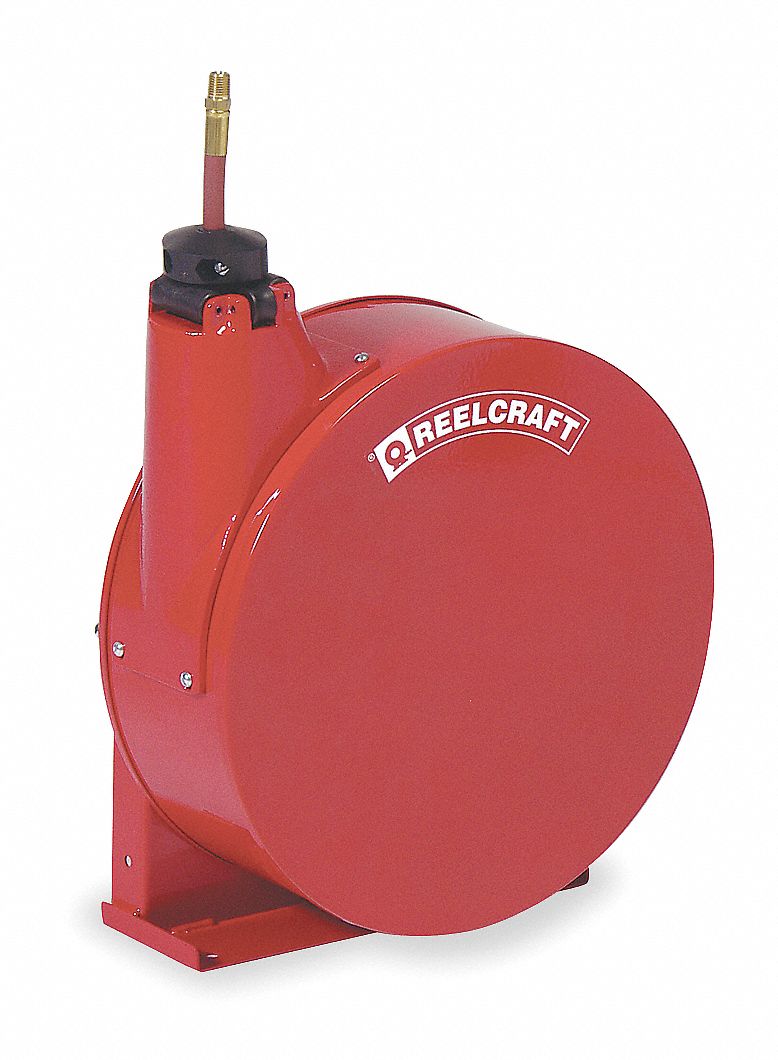 Spring Return Hose Reel: 25 ft (1/4 in I.D.), 1/4 in MNPT, 300 psi Max Op Pressure, Brass, Red