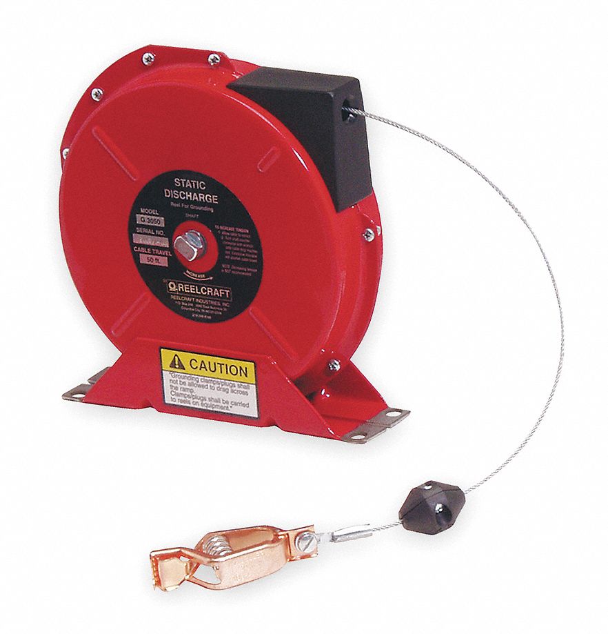 50 ft Retractable Grounding Wire Reel, Red, Cable Coated: No