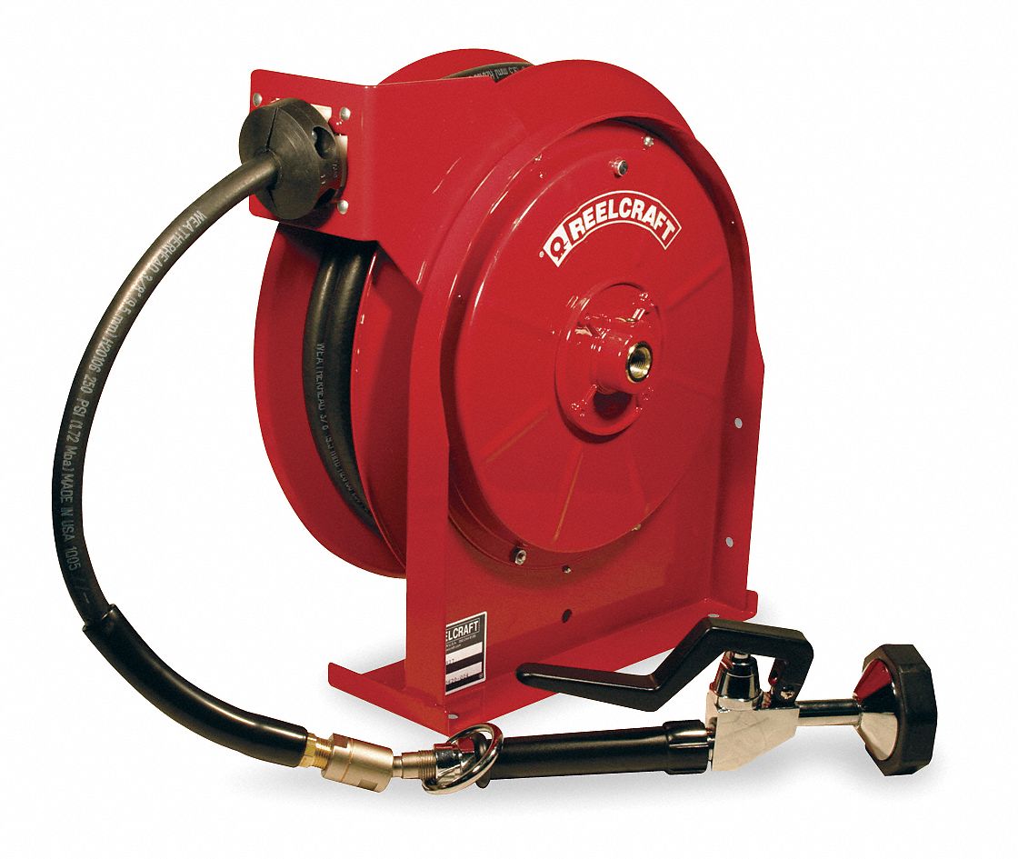 Spring Return Hose Reel: 35 ft (3/8 in I.D.), 3/8 in MNPT x 3/8 in FNPT, 125 psi Max Op Pressure