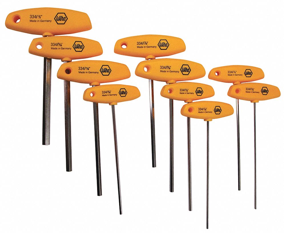 Hex Key Set: 6 - 10 Pieces, Classic Grip, T, SAE, Std End, Long, 10 Pieces, Box, Nickel-Plated