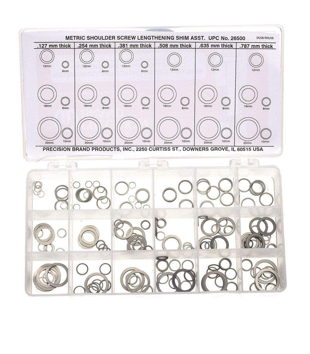 LENGTHENING SHIM ASSORTMENT, METRIC, STAINLESS STEEL, 18-8, FULL HARD, PLAIN, 330 PIECES