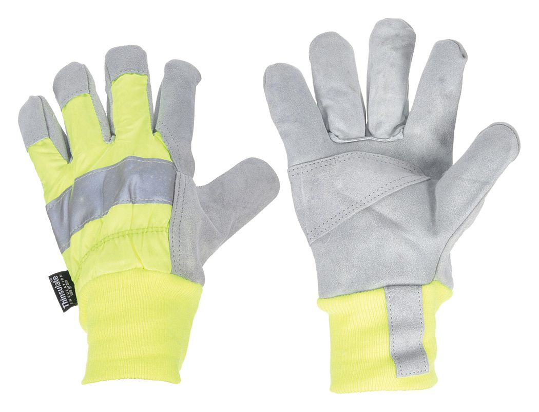 LEATHER GLOVES, L (9) PREMIUM, COWHIDE, WING THUMB, KNIT CUFF, POLYESTER, HI-VIS LIME