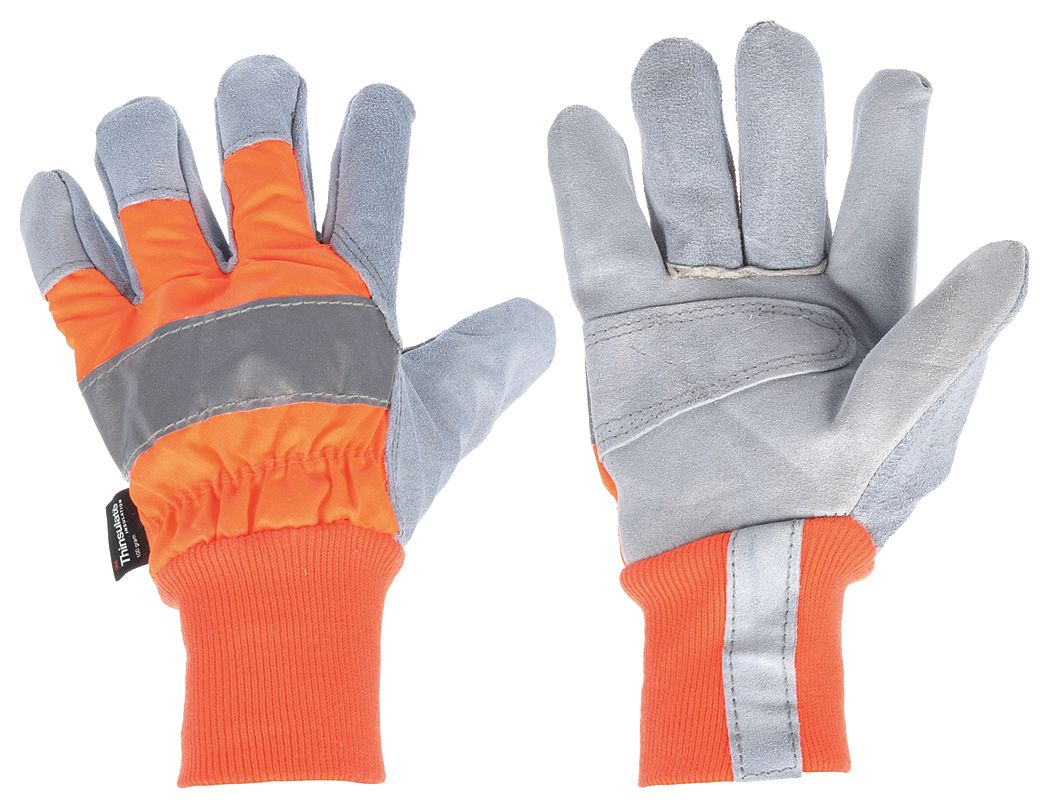 LEATHER GLOVES, L (9) PREMIUM, COWHIDE, DOUBLE PALM, WING THUMB, HI-VIS ORANGE