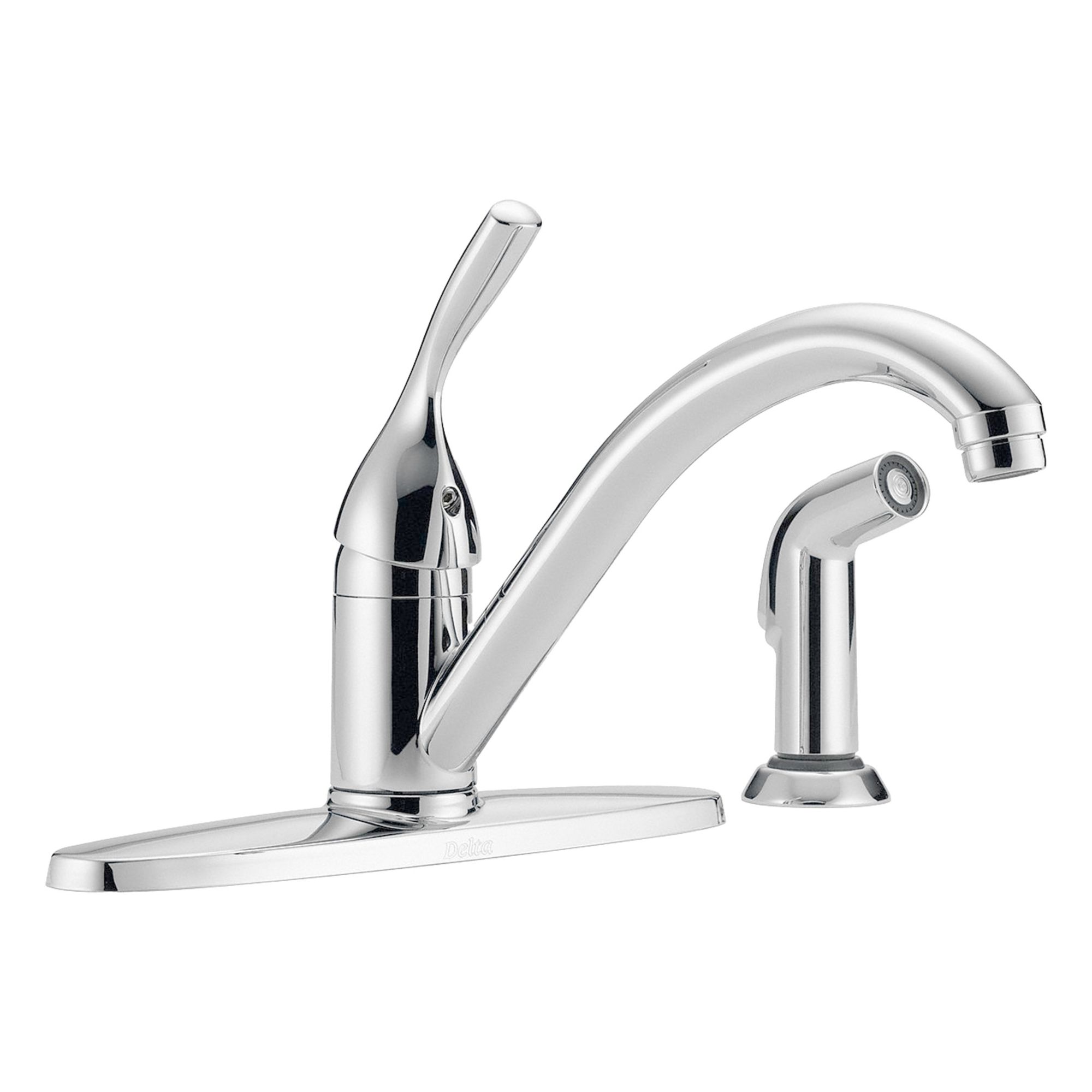Low Arc Kitchen Faucet: Classic, Brass, Single-Post, Deck, 4 Mounting Holes, 1.8 gpm Flow Rate