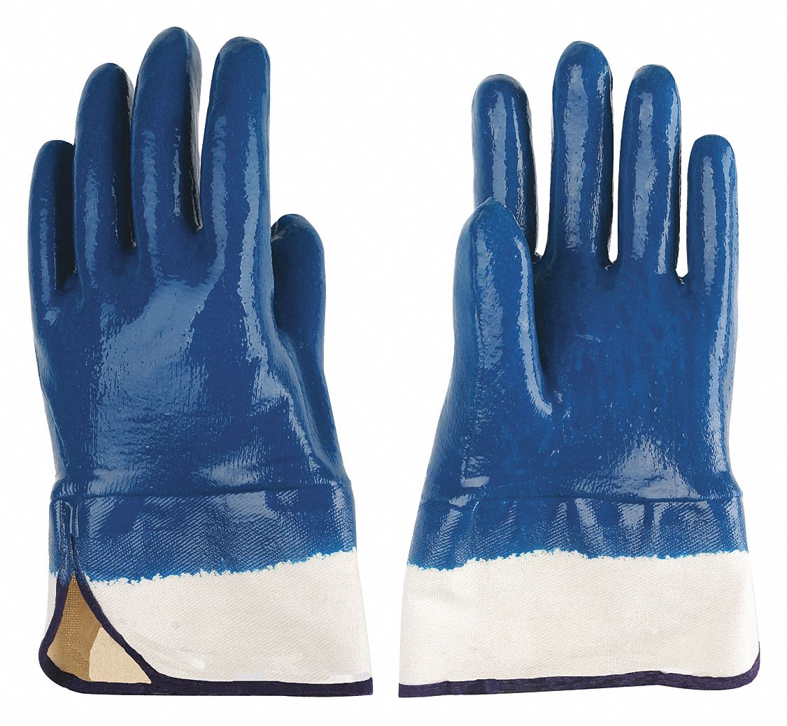 Coated Gloves: L ( 9 ), Smooth, Nitrile, Full, Dipped, ANSI Abrasion Level 3, White, 1 PR