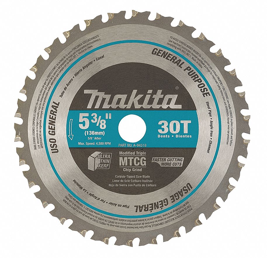 CIRCULAR SAW BLADE, 5⅜ IN DIA, 30, ⅝ IN, 4500 RPM, 0 ° , TCG, CROSSCUTTING