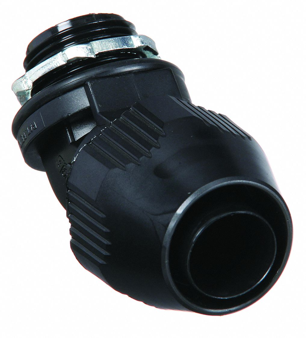 Liquid-Tight Conduit Fitting: Plastic, 3/8 in Trade Size, Insulated, 45° Elbow
