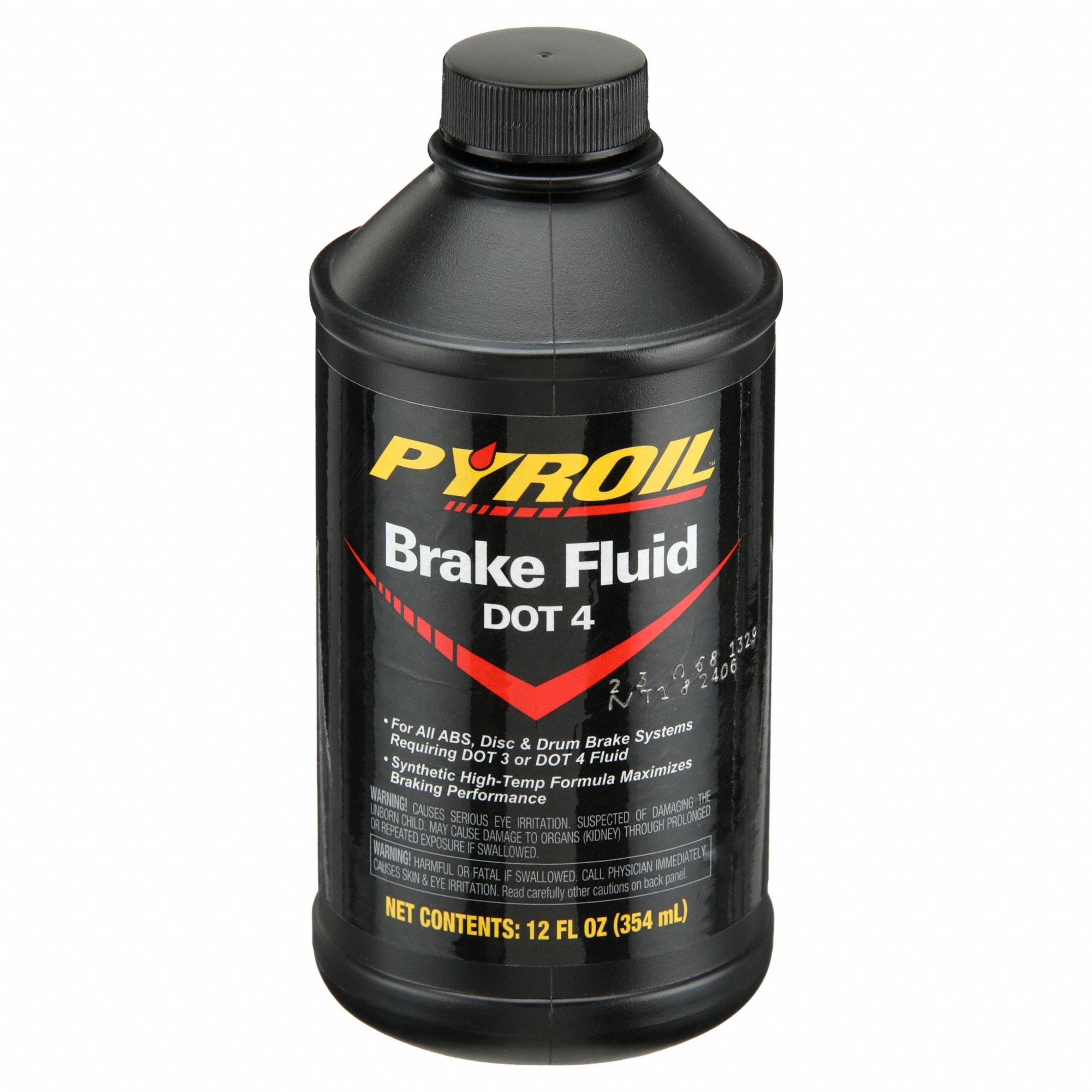 Brake Fluid: Bottle, Disc Brakes/Drum Brakes, DOT 4, Glycol, 12 fl oz Container Size, Amber