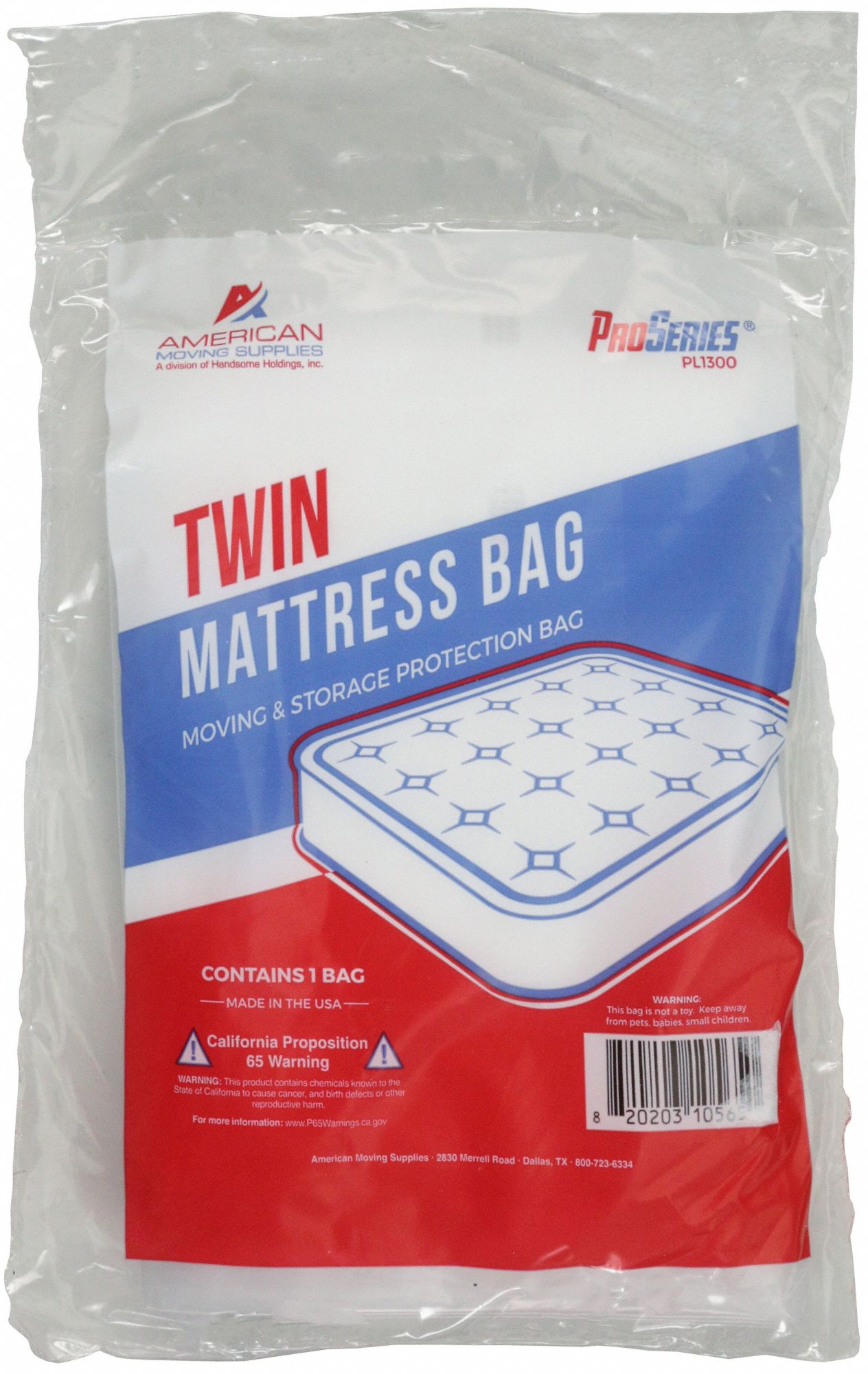 Mattress Bag: 1.5 mil Thick, 39 in Wd, 10 in Dp, 87 in Lg, Gusseted, Twin Mattress Size