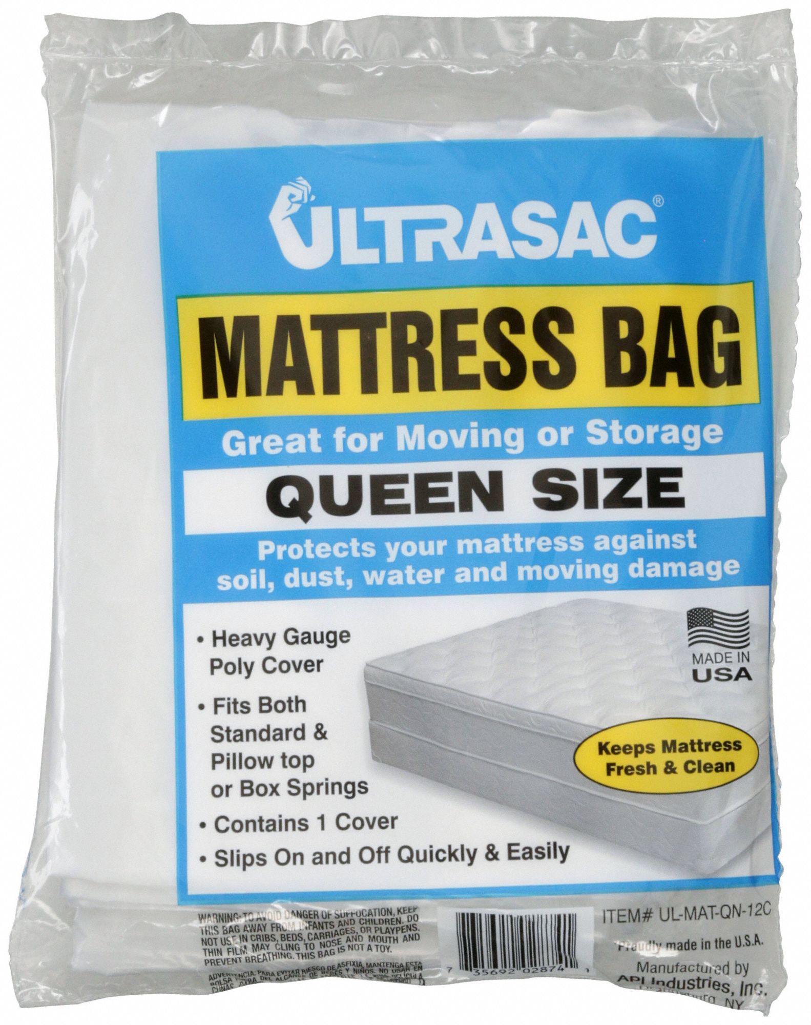 Mattress Bag: 2.5 mil Thick, 54 in Wd, 11 in Dp, 90 in Lg, Gusseted, Full Mattress Size, 100 PK