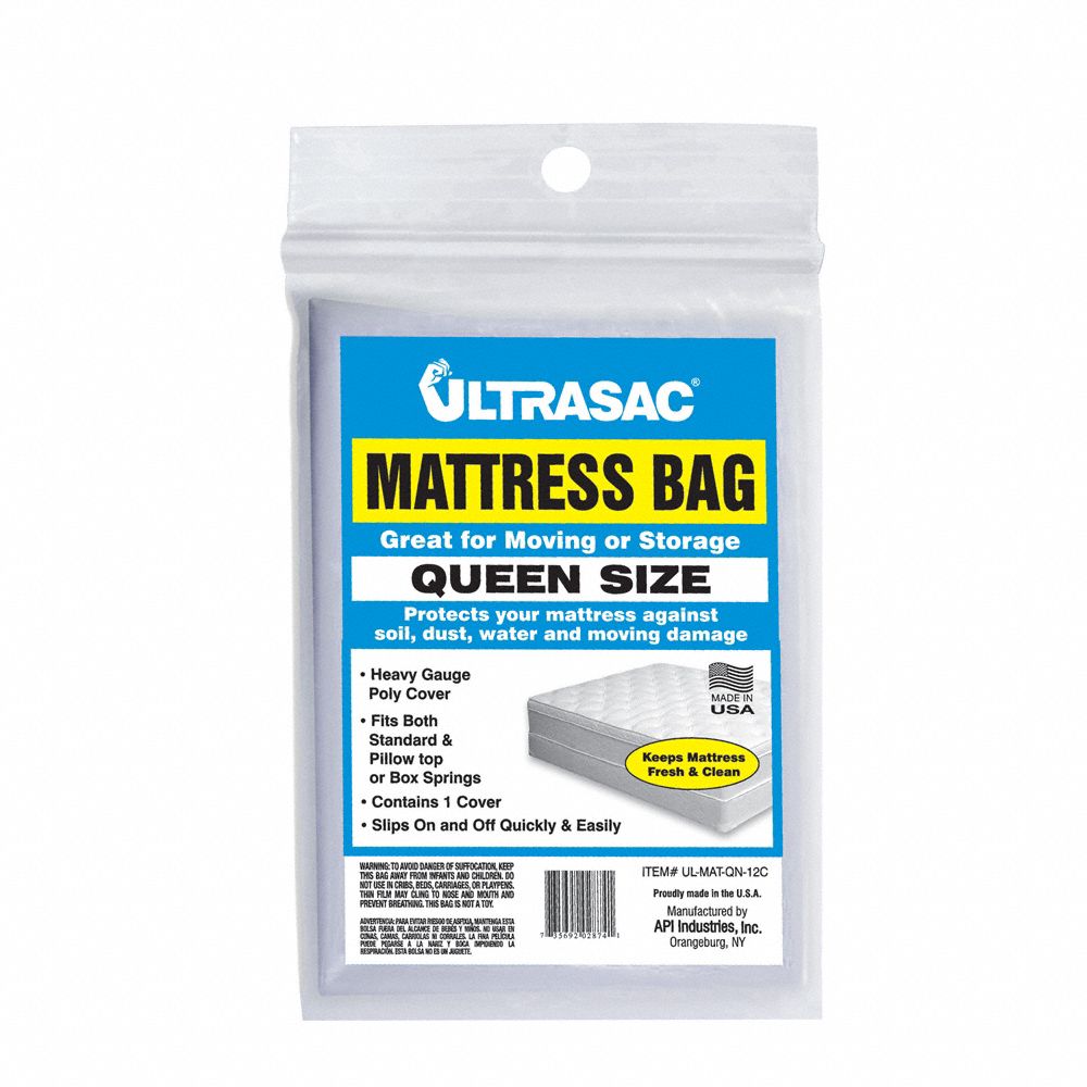 Mattress Bag: 2 mil Thick, 60 in Wd, 10 in Dp, 92 in Lg, Gusseted, Queen Mattress Size