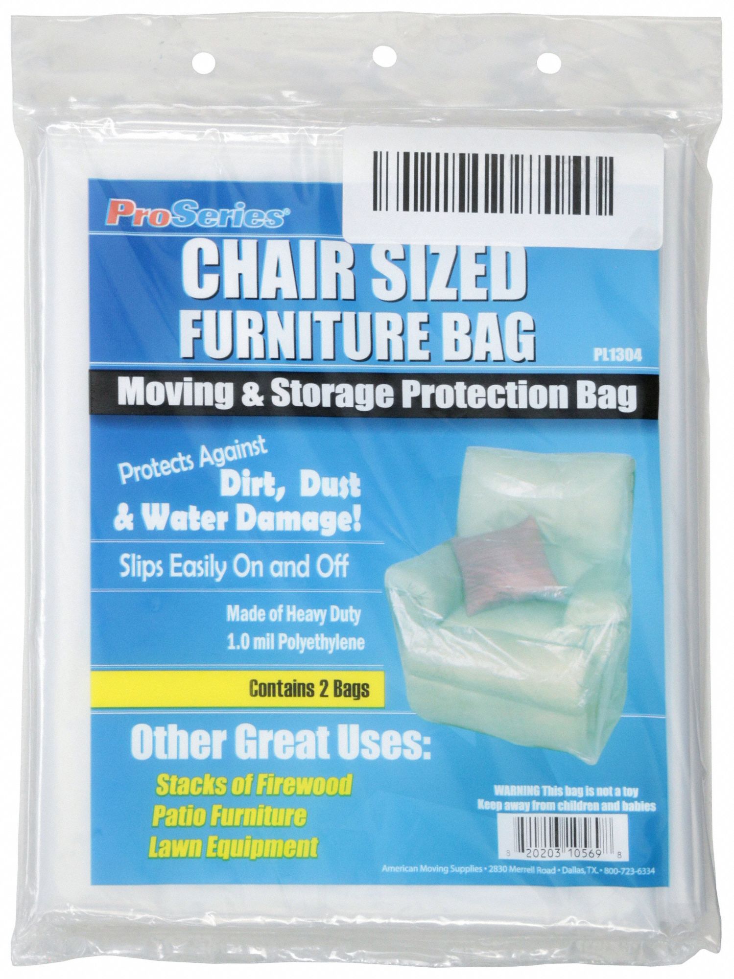 Furniture Bag: Chair, 1 mil Thick, 46 in Wd, 76 in Lg, Flat, Low Density Polyethylene (LDPE), 2 PK