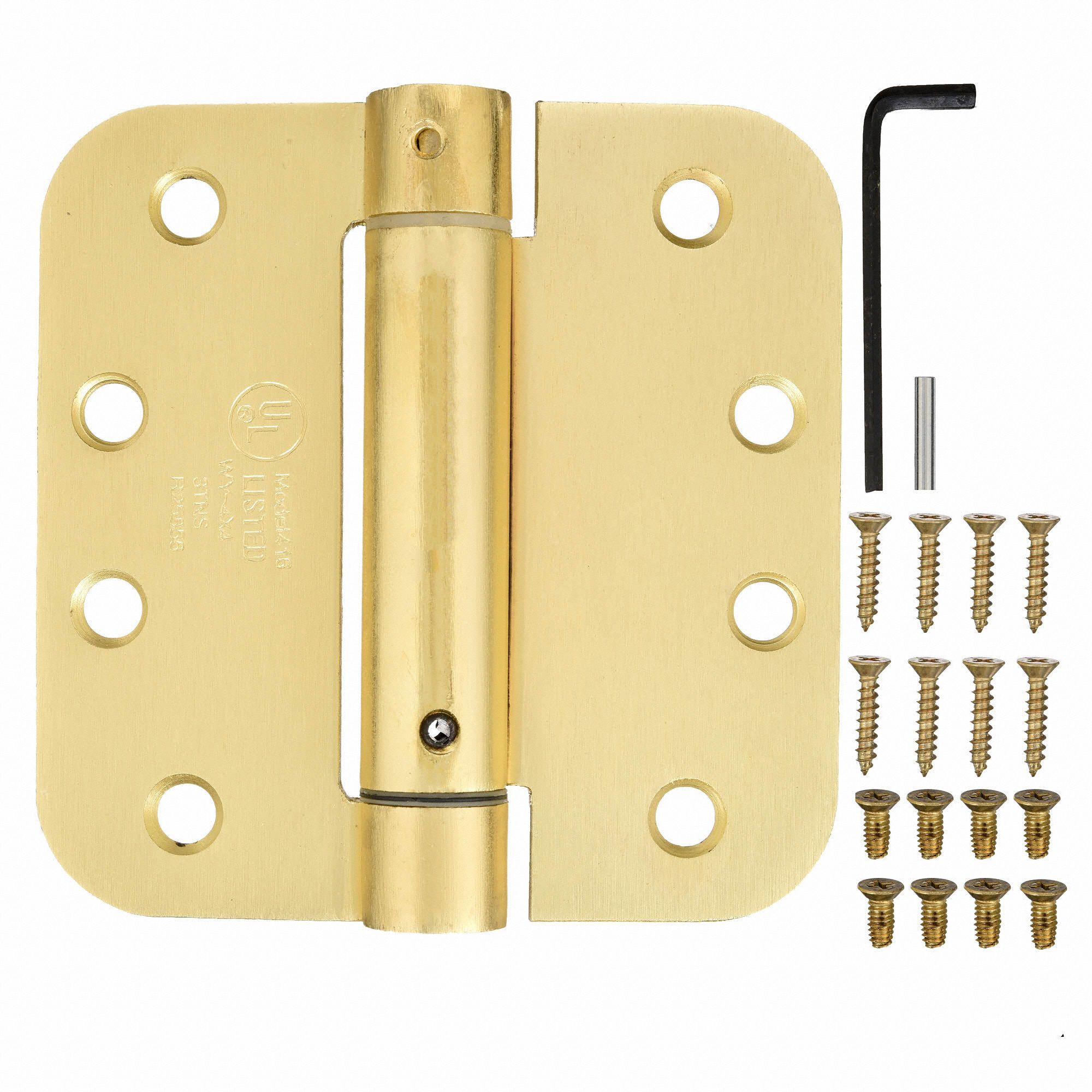 GRAINGER APPROVED Spring Hinge With Holes, Satin Brass Finish, Rounded