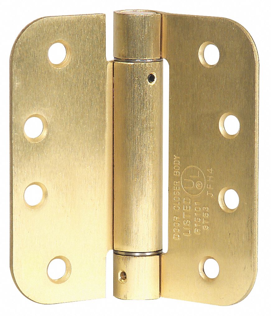 GRAINGER APPROVED Spring Hinge With Holes, Satin Brass Finish, Rounded