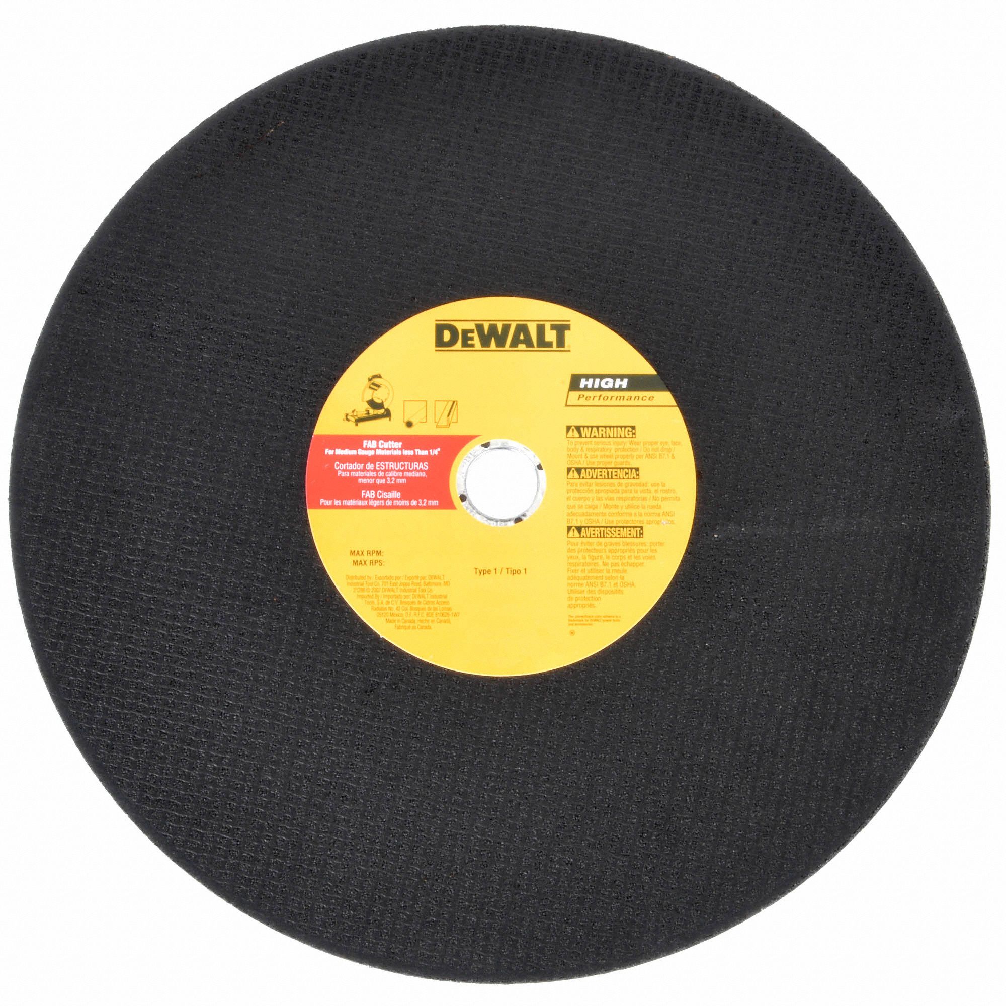 Dewalt 14 In Type 1 Aluminum Oxide Abrasive Cut Off Wheel 1 In Arbor Hole Size 0 1094 In Thickness 4pc42 Dw8002 Grainger