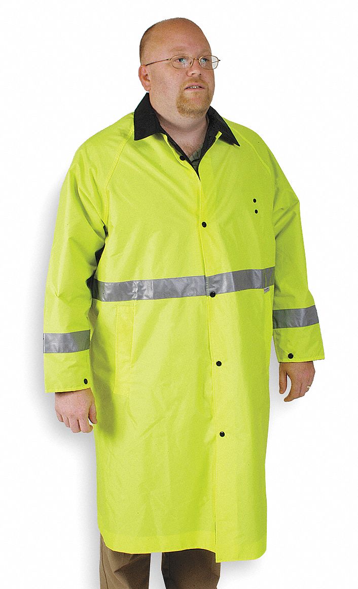 HI-VIS RAIN JACKET, M, GREEN, SNAP/ZIPPER, 2 POCKETS, SHIN LENGTH