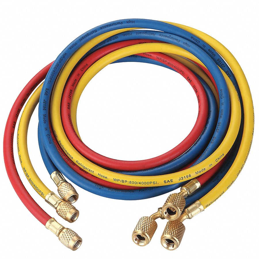 Hose Set: 6 ft Lg, 30° Angle, Blue/Red/Yellow, Rubber, 3 Hoses, Shut-Off Valve