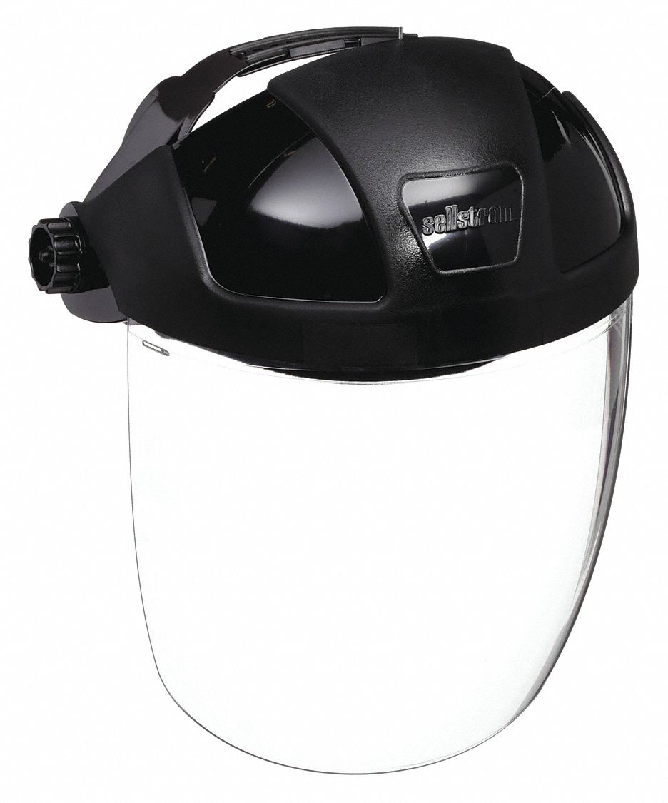 FACESHIELD, FULL CROWN, RATCHET, BLK/CLEAR, ANTI-FOG, NYLON/PC, CSA, 12⅛X9X0.06 IN