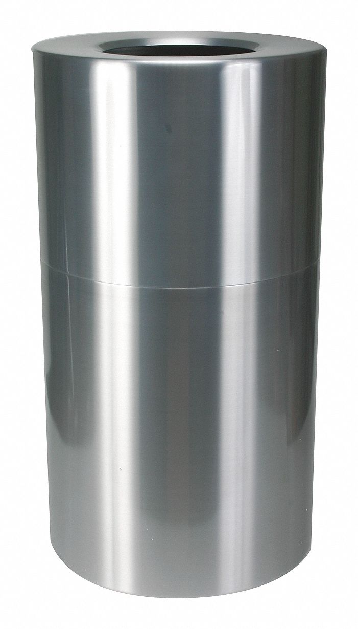 TRASH CAN,ROUND,35 GAL.,SILVER