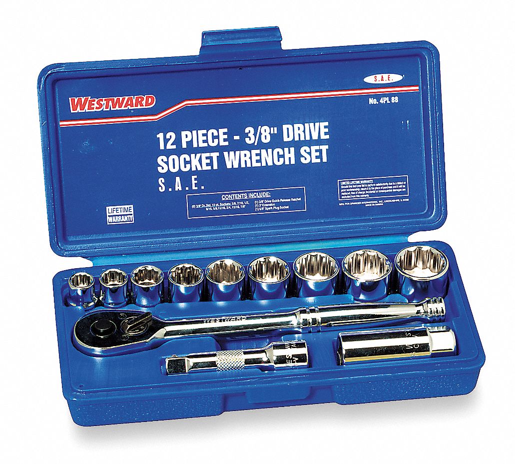 WESTWARD Socket Wrench Set 3/8 in Drive Size, 12 Pieces, 3/8 in to 7/8