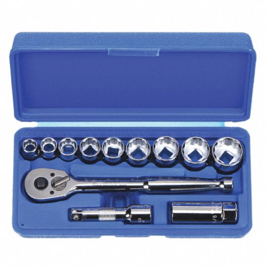 WESTWARD Socket Wrench Set: 3/8 in Drive Size, 12 Pieces, 3/8 in to 7/8 in  Socket Size Range, Chrome