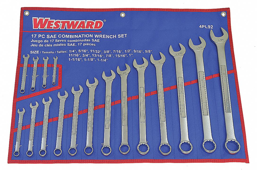 WESTWARD Combination Wrench Set, Alloy Steel, Satin, 17 Number of Tools
