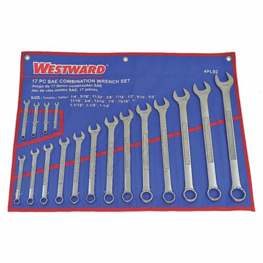 WESTWARD Combination Wrench Set, Alloy Steel, Satin, 17 Number of Tools