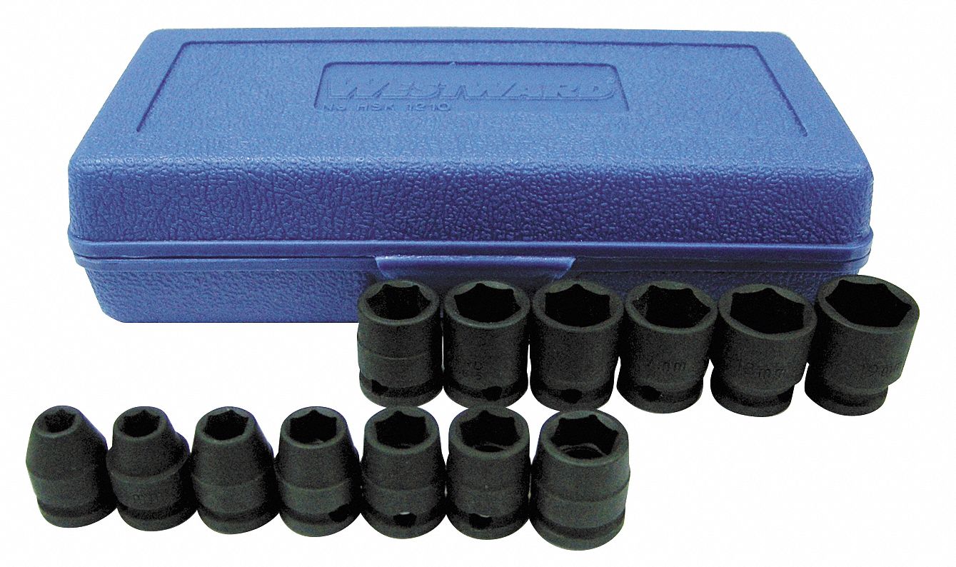 WESTWARD Impact Socket Set, Alloy Steel, Black Oxide, 3/8 in, Impact