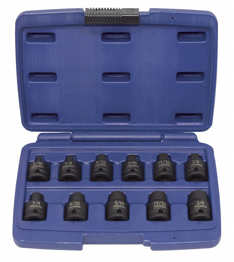 WESTWARD Impact Socket Set, Alloy Steel, Black Oxide, 3/8 in, Impact