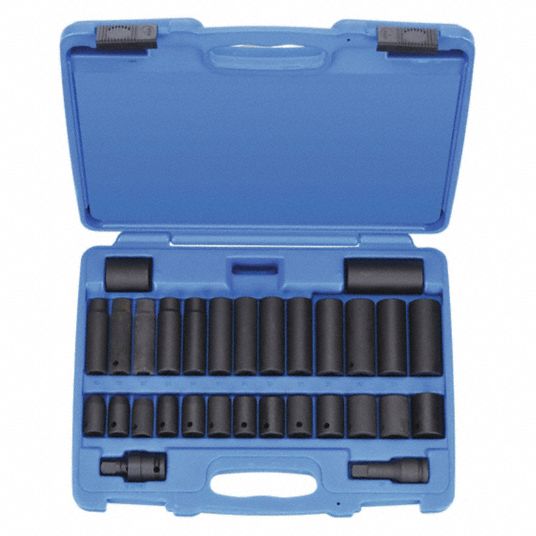 Impact Socket Set, Black Oxide, 1/2 in, Impact Rated Yes - Grainger