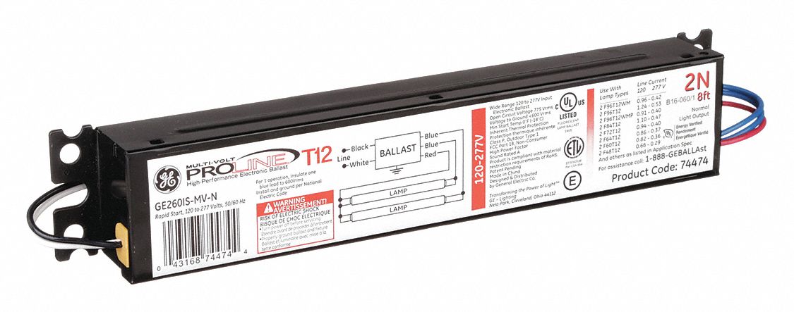 FLUORESCENT BALLAST, T12, 120 TO 277V AC, 1 TO 2 BULBS SUPPORTED, 141 W BULB MAX