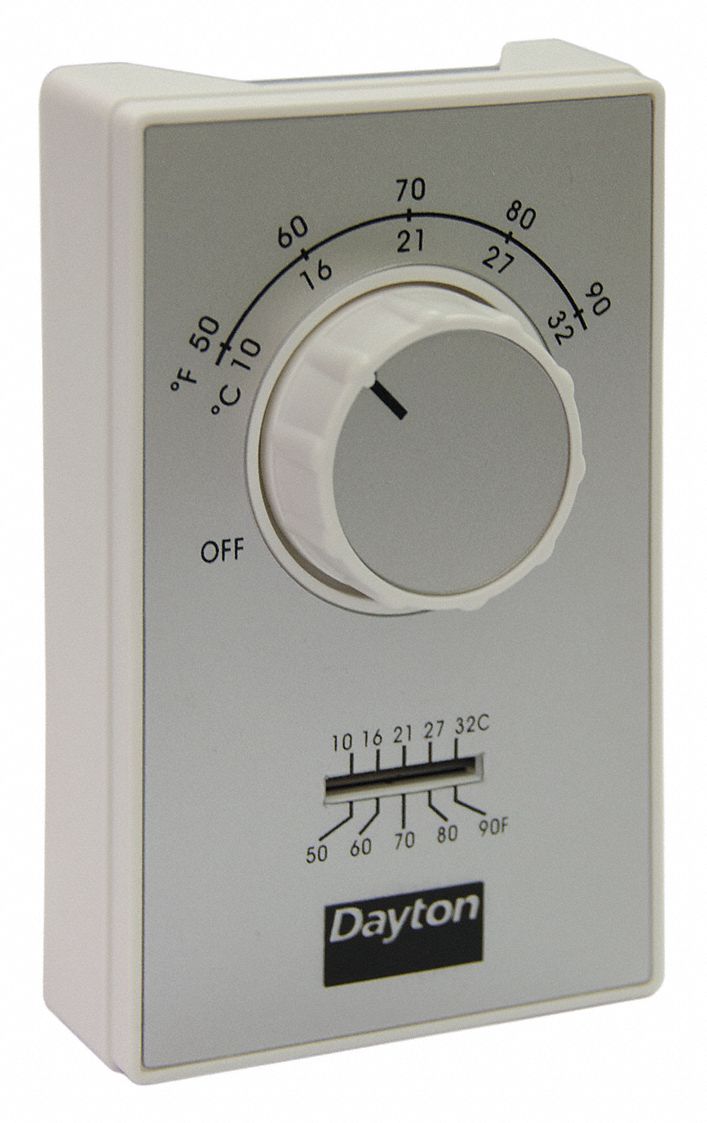Line Volt Mechanical Tstat: Heat Only, On-Off, 50° to 90°F, Exposed Dial, 120 to 277V AC, 1H
