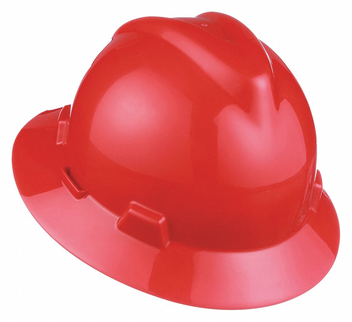 SLOTTED HAT, CSA, TYPE 1, CLASS E, PE, 4-PT FAS-TRAC III RATCHET, FULL BRIM, RED