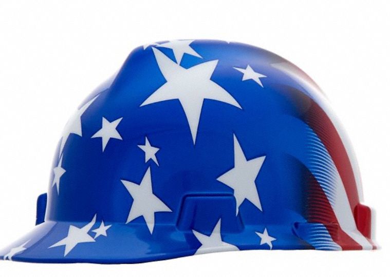 Hard Hat: Blue, American Flag, Ratchet (4-Point), Ratchet, Polyethylene, Side-Slots, MSA