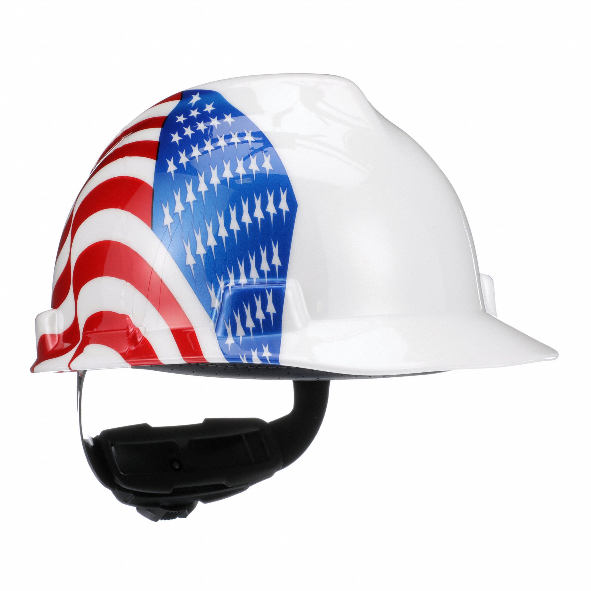Hard Hat: White, American Flag, Ratchet (4-Point), Ratchet, Polyethylene, Side-Slots, MSA