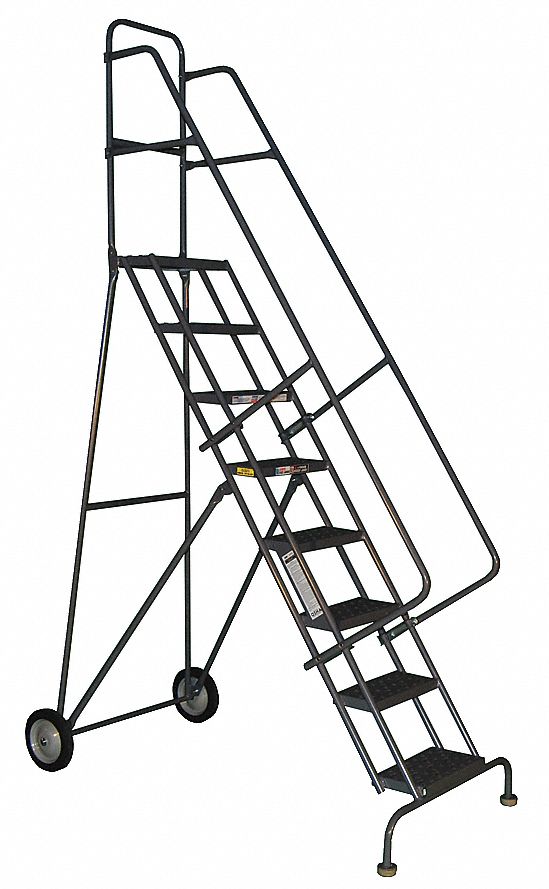 Rolling Ladder: 4.2 ft Platform Ht, Unassembled, No Locking Mechanism, Steel, 16 in x 10 in