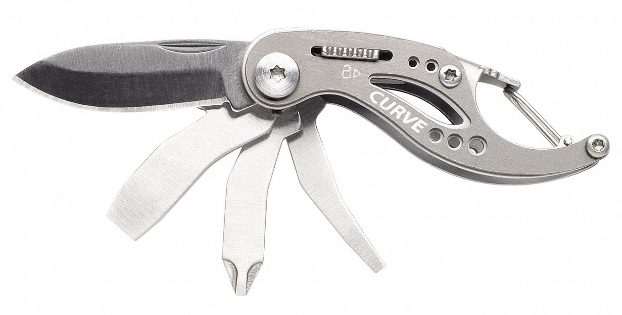 Folding Knife: 6 Tools, 2 1/4 in Closed Lg, 2 1/4 in Open Lg, Stainless Steel, Gray, Fold-Out