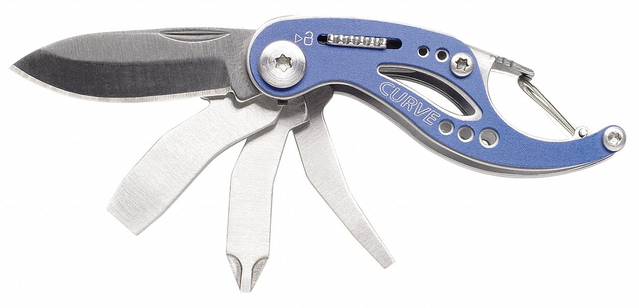 FOLDING KNIFE, 6 TOOLS, 2¼ IN CLOSED L, 2¼ IN OPEN L, STAINLESS STEEL, BLUE, FOLD-OUT