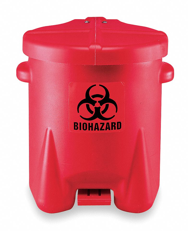 BIOHAZARDOUS WASTE CAN, 6 GAL, RED, POLYETHYLENE, 16 IN H, 16 IN OUTSIDE DIAMETER