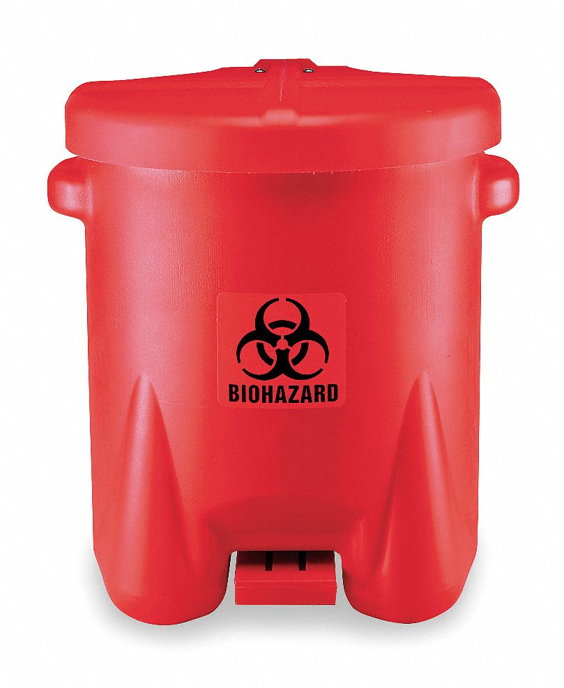 BIOHAZARD STEP ON WASTE CONTAINER, 14 GAL, RED, PE, 21 IN H, 18 IN OUTSIDE DIAMETER