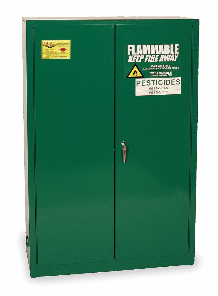 Hazardous Material Storage Cabinet: 45 gal, 43 in x 18 in x 65 in, Green, Manual Close, 2 Shelves
