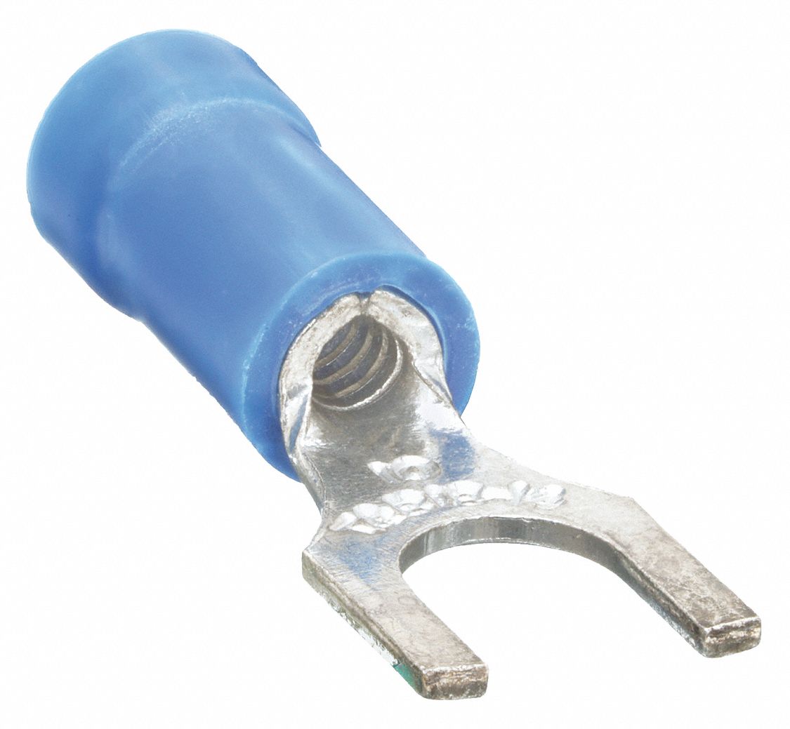 FORK TERMINAL, PARTIAL COVERAGE, BLUE, VINYL, #8 STUD SIZE, 100 PK