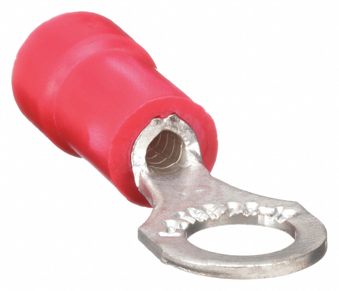 RING TERMINAL, VINYL, RED, ¼ IN STUD SIZE, 22 AWG TO 18 AWG WIRE SIZE RANGE, 100 PK