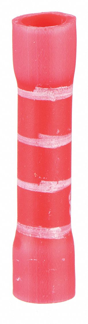Butt Splice Connector: Red, Vinyl, For Wire Size 22 AWG – 18 AWG, 600 V, Pack Qty 100