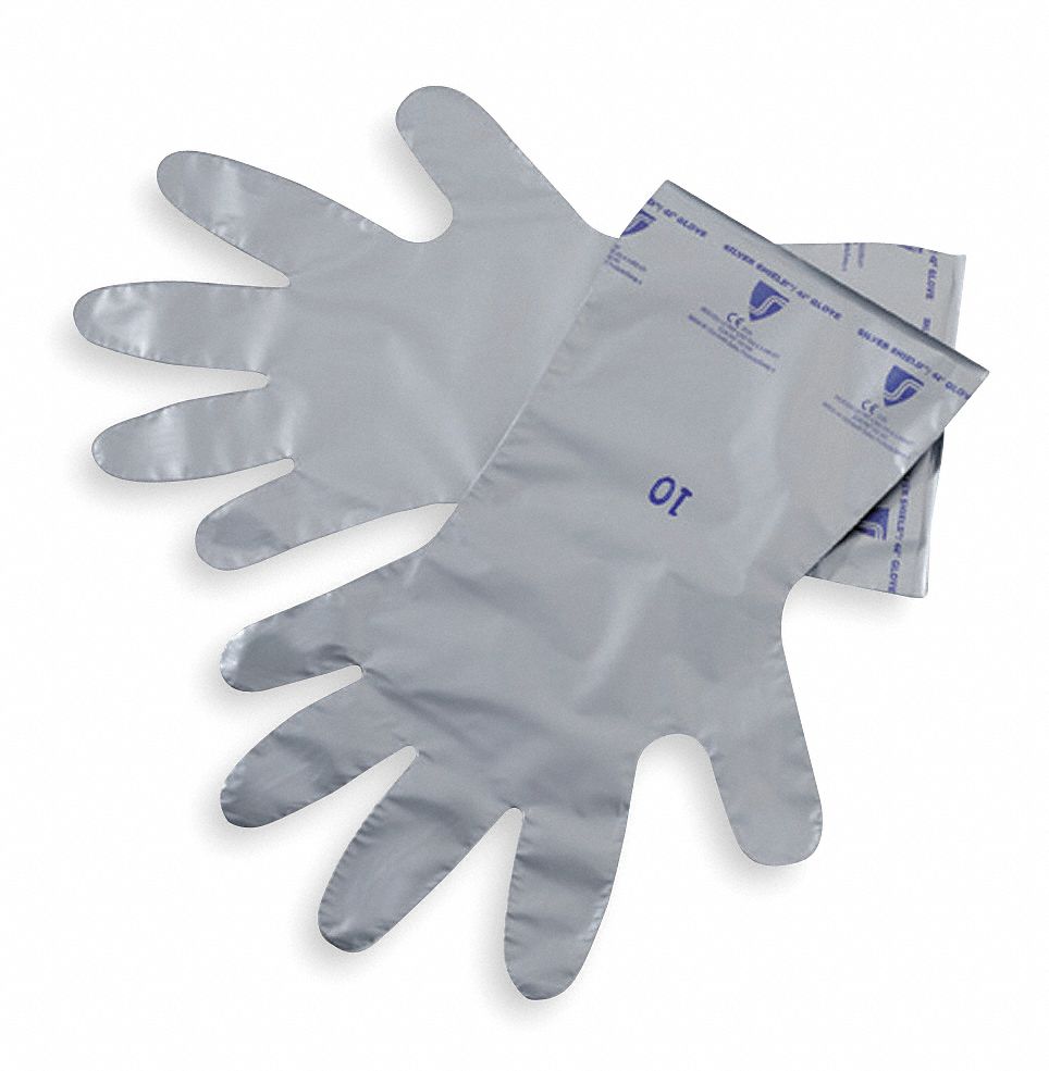 CHEMICAL RESISTANT GLOVES, 2.7 MIL, 16 IN LENGTH, SIZE 10, SILVER, 50 PK