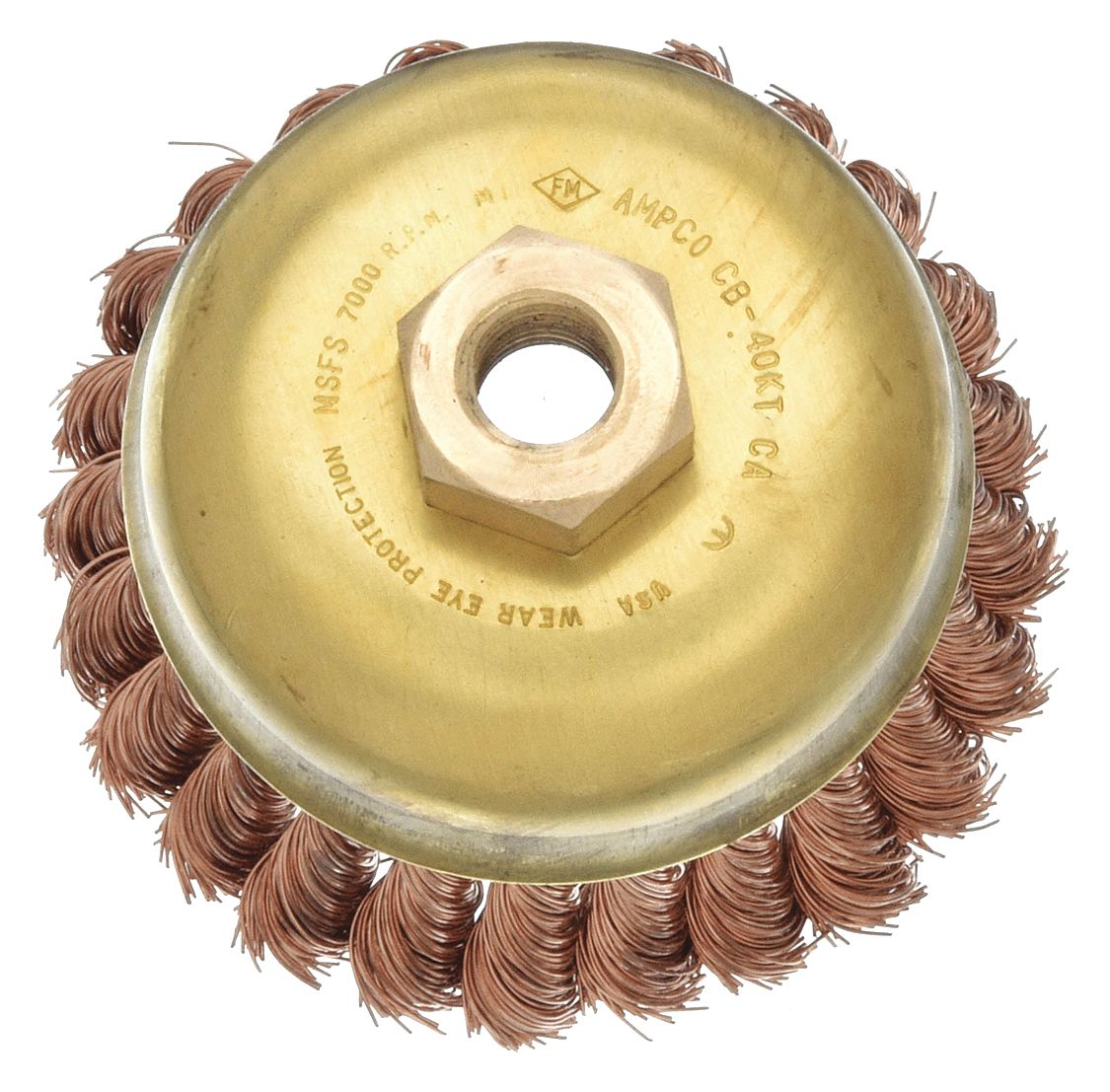 Cup Brush: Twisted Bronze, 3 in Dia, 0.02 in Fill Dia, 5/8"-11 Arbor