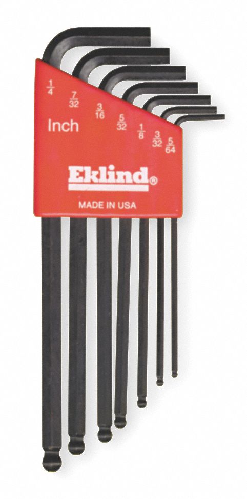 HEX KEY SET, SAE, LONG, 7 PIECES, PLASTIC HOLDER, BLACK OXIDE, 2 TIPS, 3 3/16 IN TO 5¼ IN