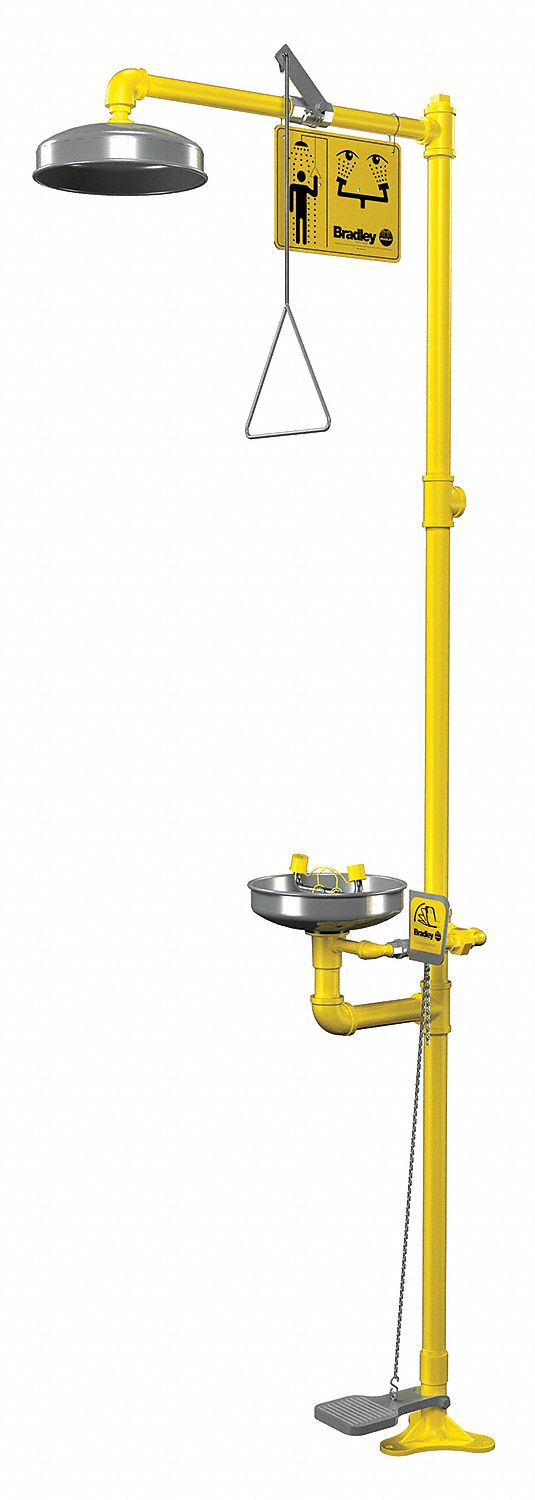 BRADLEY Shower with Eye Wash, Floor Mount, Stainless Steel, Unassembled