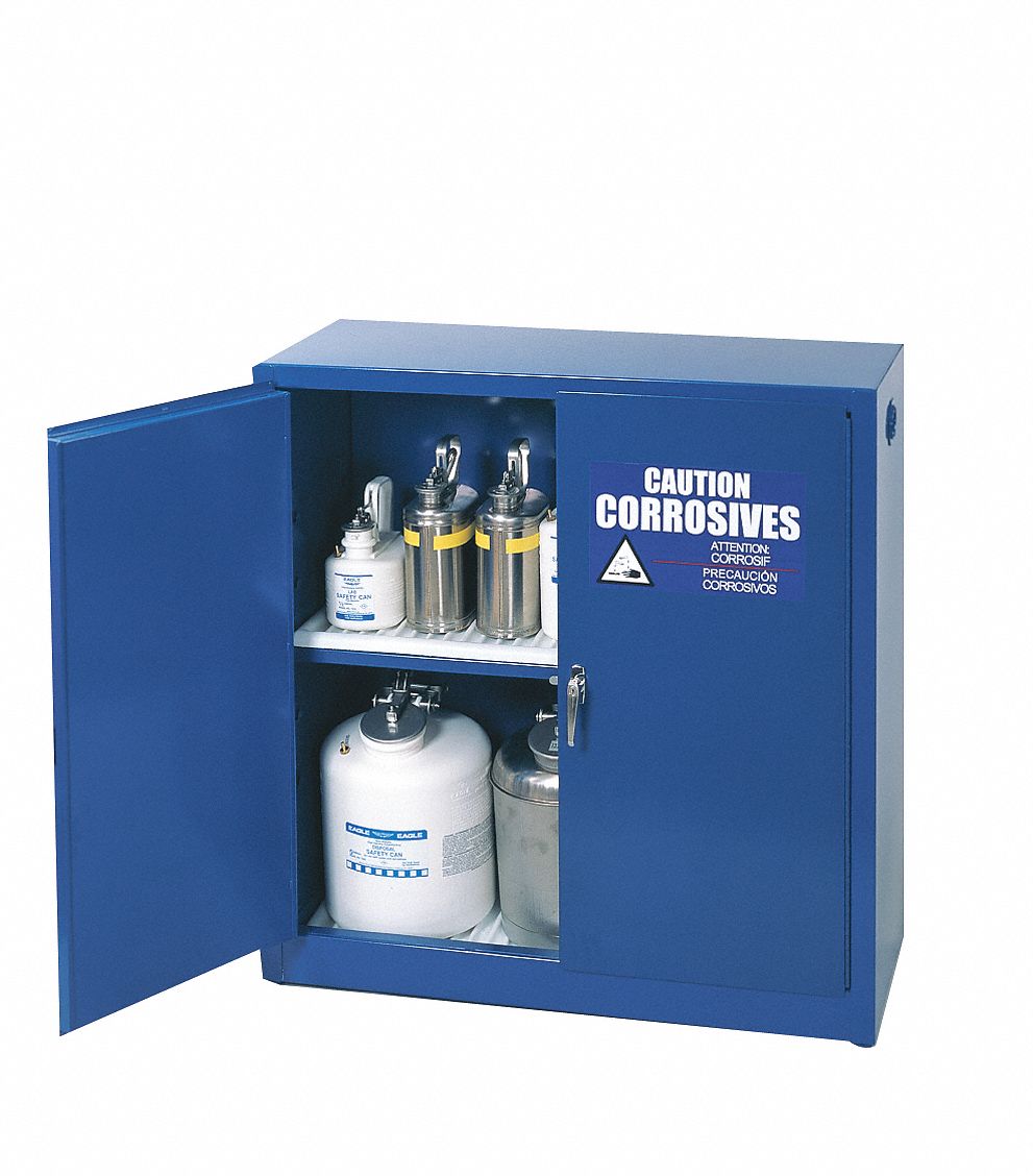 Hazardous Material Storage Cabinet: Std, 30 gal, 43 in x 18 in x 44 in, Blue, Manual Close